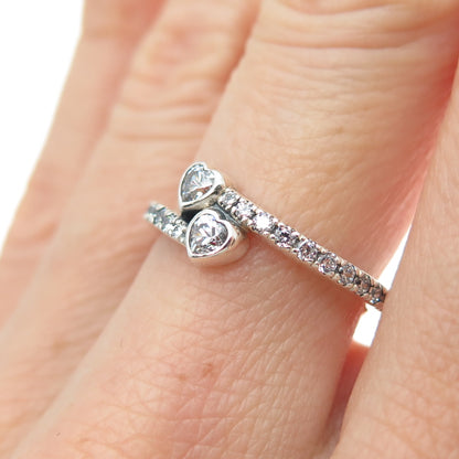 PANDORA 925 Sterling Silver Heart & Round-Cut C Z Bypass Ring Size 6.25
