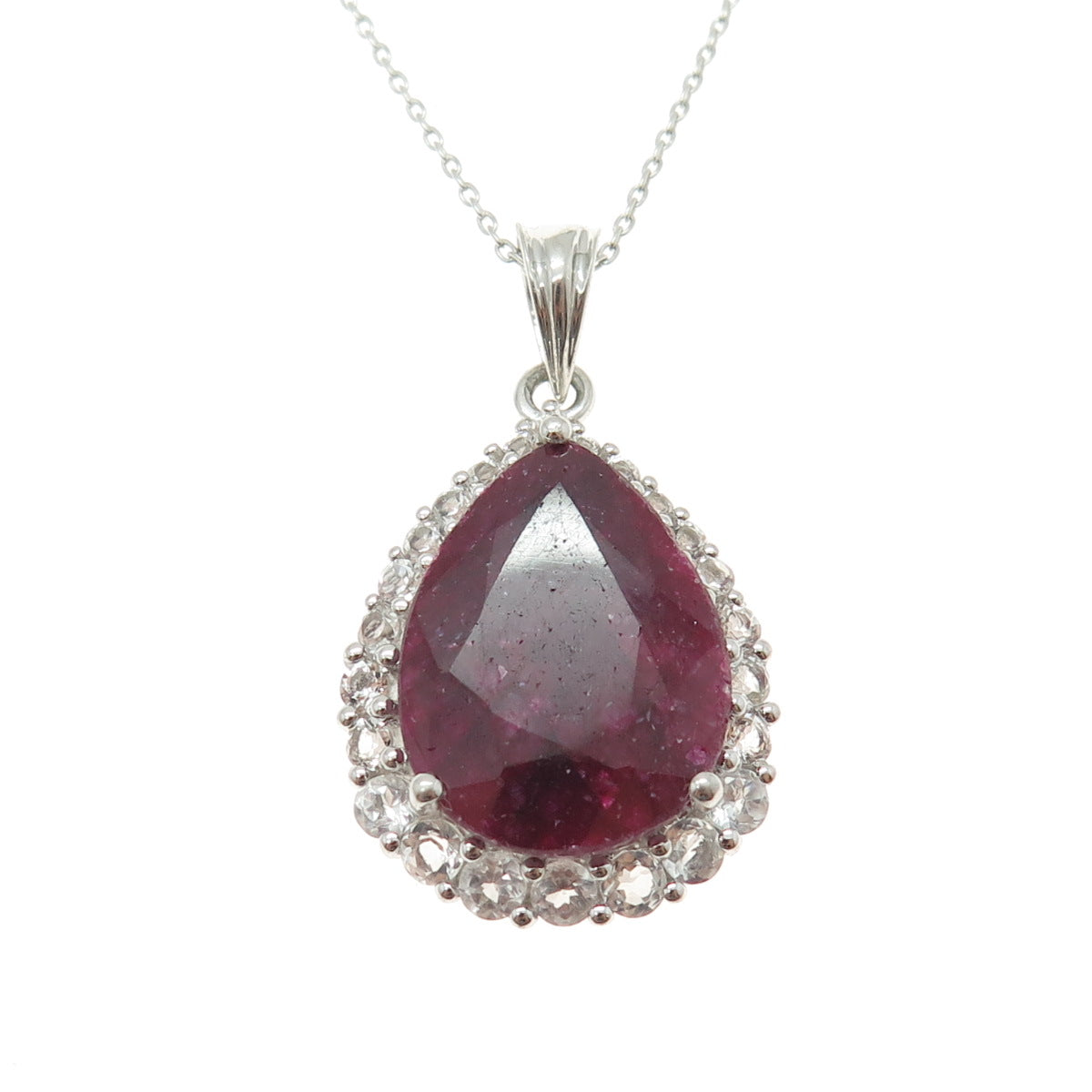 925 Sterling Silver Pear-Cut Ruby & White Topaz Gem Cable Chain Necklace 18"