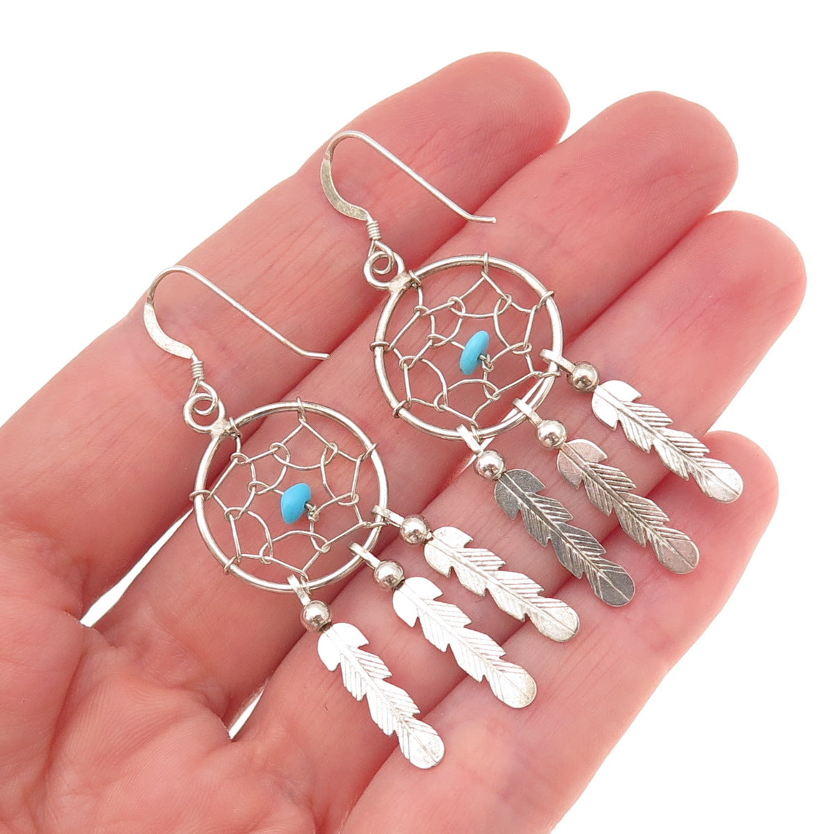 Old Pawn 925 Sterling Silver Vintage Turquoise Dreamcatcher Dangle Earrings