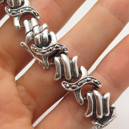 925 Sterling Silver Antique Real Marcasite Gem "X" Link Bracelet 7.25"