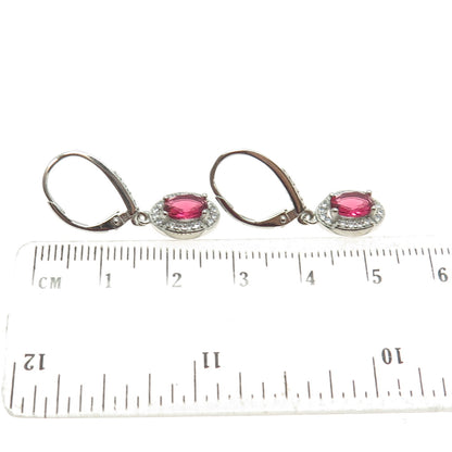 925 Sterling Silver Pink Oval-Cut & White Round-Cut Shaped C Z Dangle Earrings