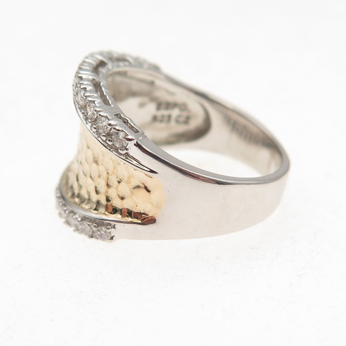 ESPO Joseph Esposito 925 Sterling Silver 2-Tone C Z Hammered Ring Size 8.25