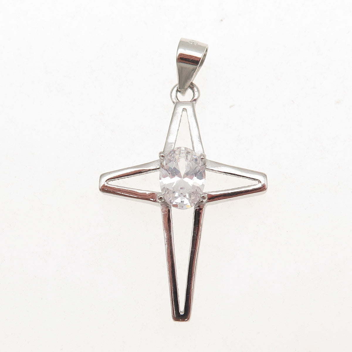 925 Sterling Silver Oval-Cut C Z North Star Cross Charm Pendant