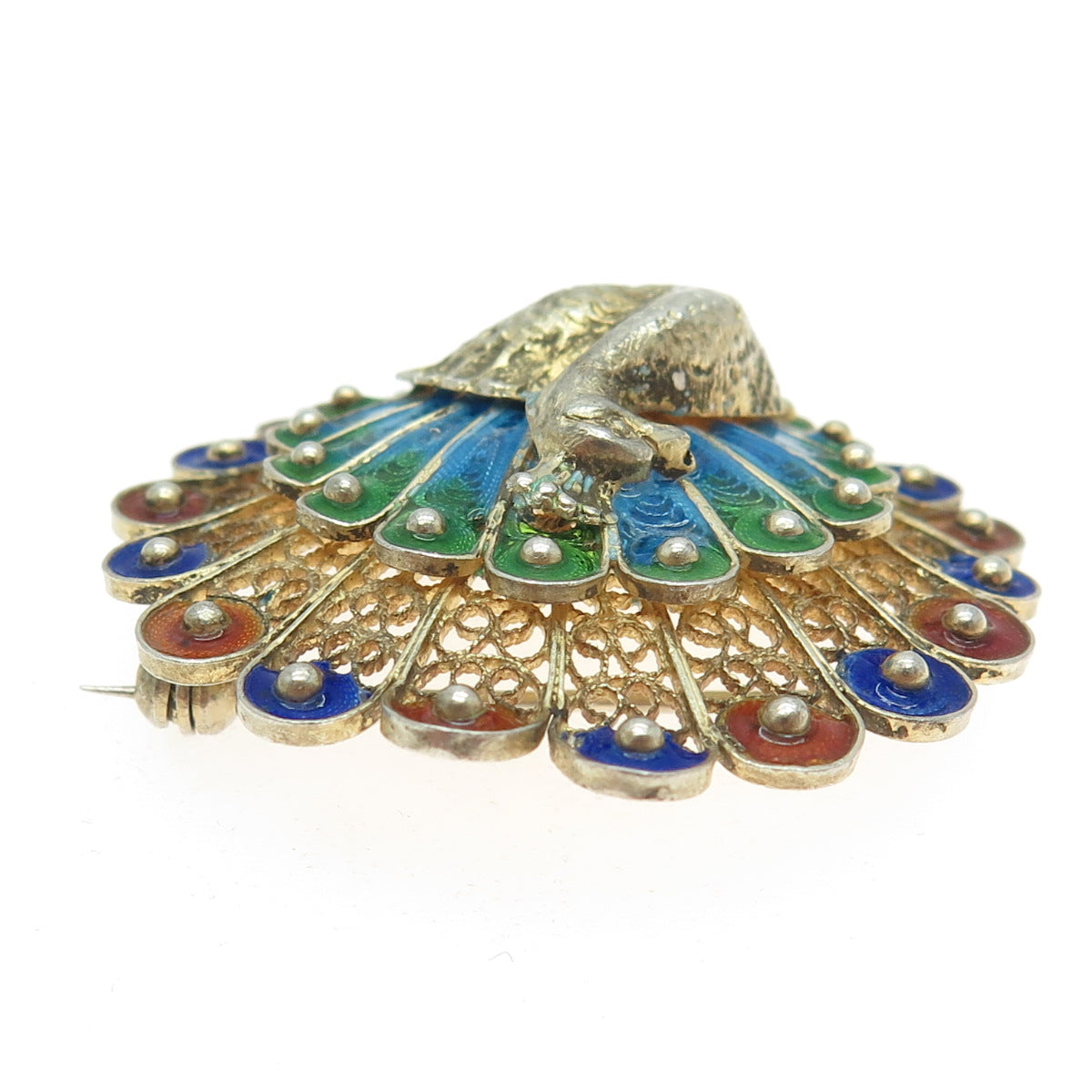 800 Silver Gold Plated Vintage Italy Enamel Peacock Bird Filigree Pin Brooch