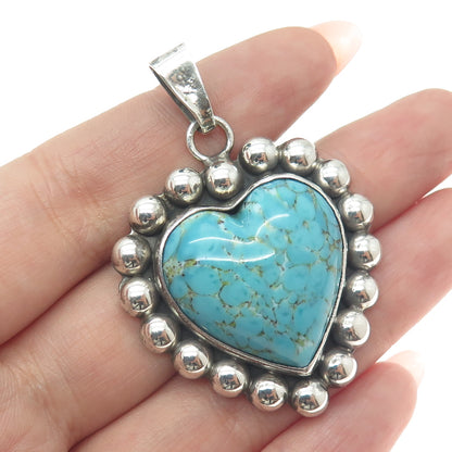 925 Sterling Silver Vintage Mexico Real Turquoise Heart Beaded Pendant