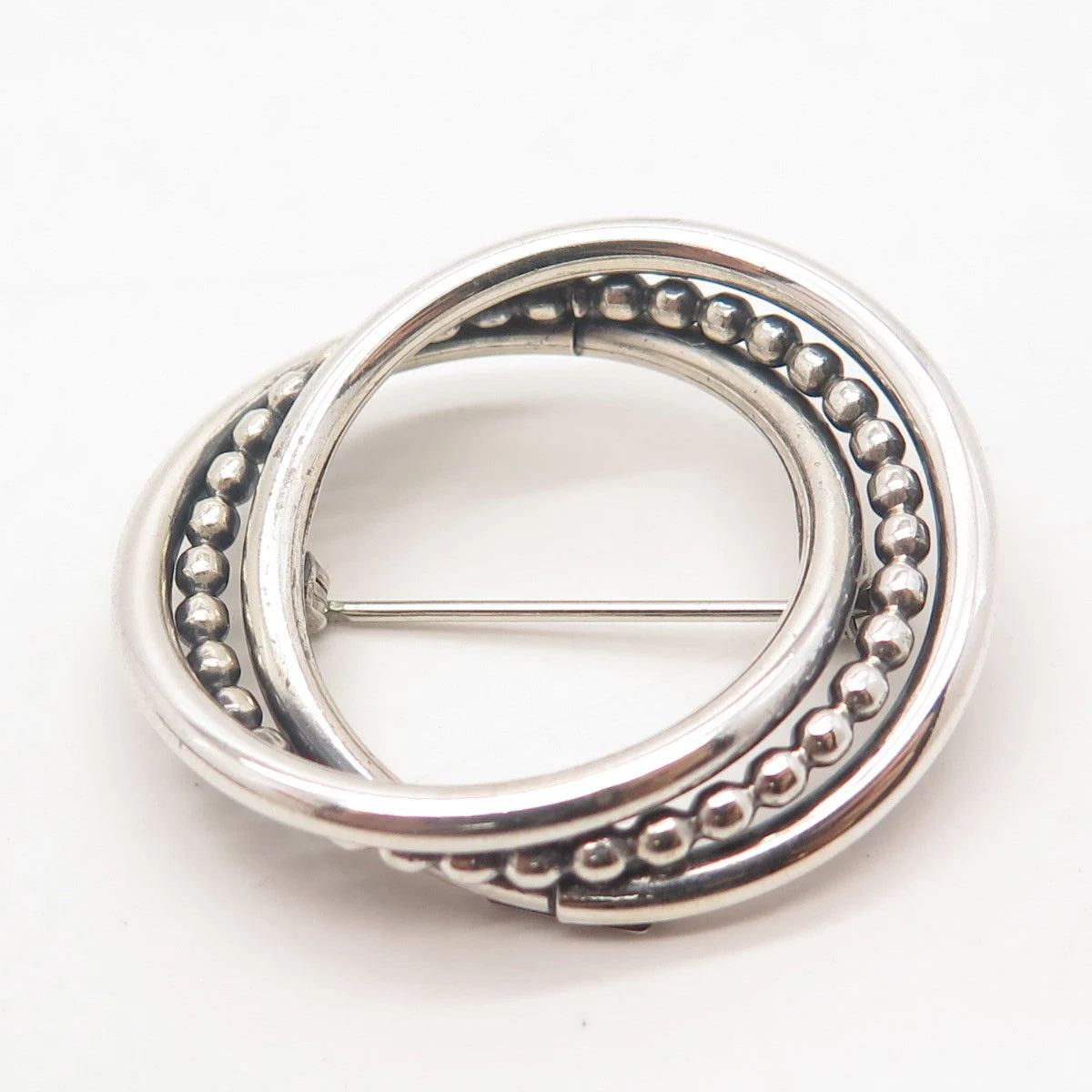 925 Sterling Silver Vintage BEAU Triple Circle Beaded Pin Brooch