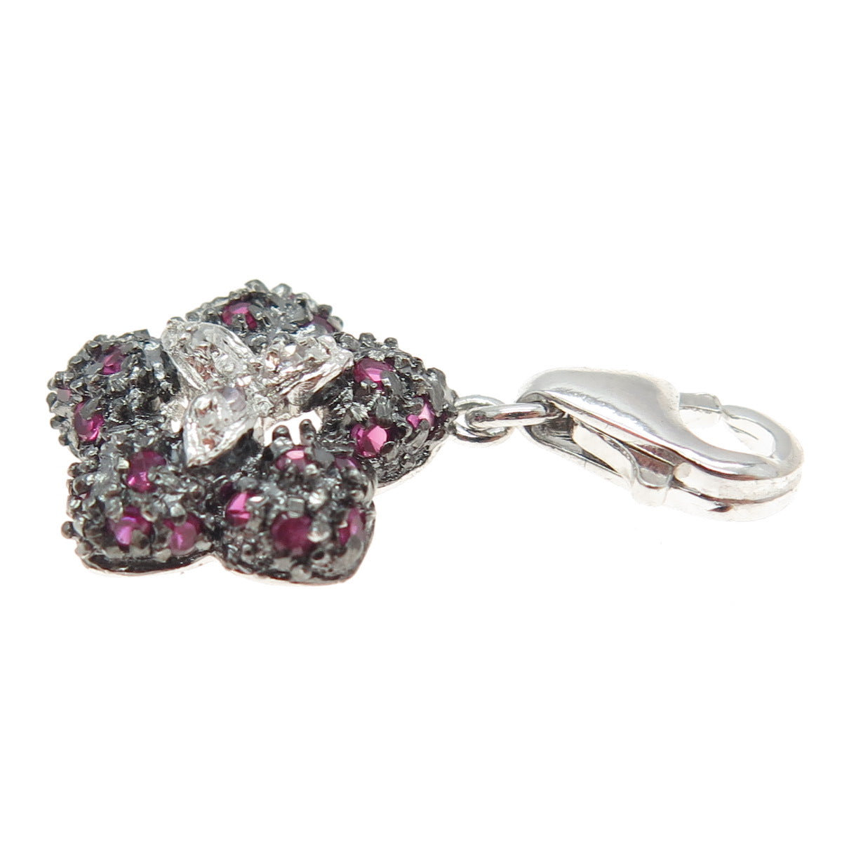 925 Sterling Silver Real White Topaz & Ruby Floral Lobster Lock Charm Pendant