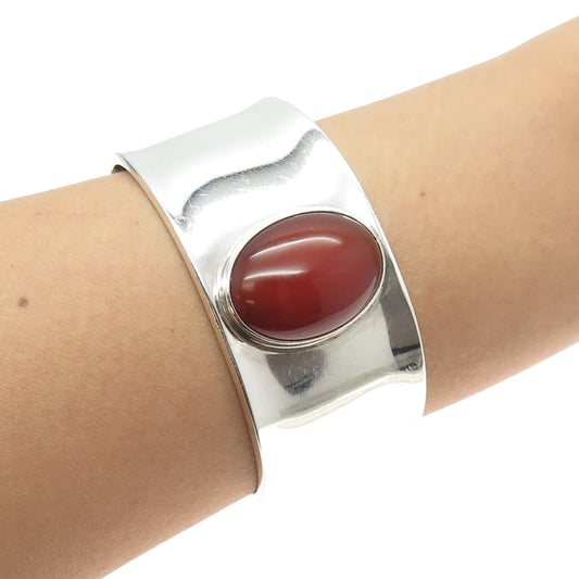 925 Sterling Silver Vintage Mexico Carnelian Gem Adjustable Cuff Bracelet 6.75"