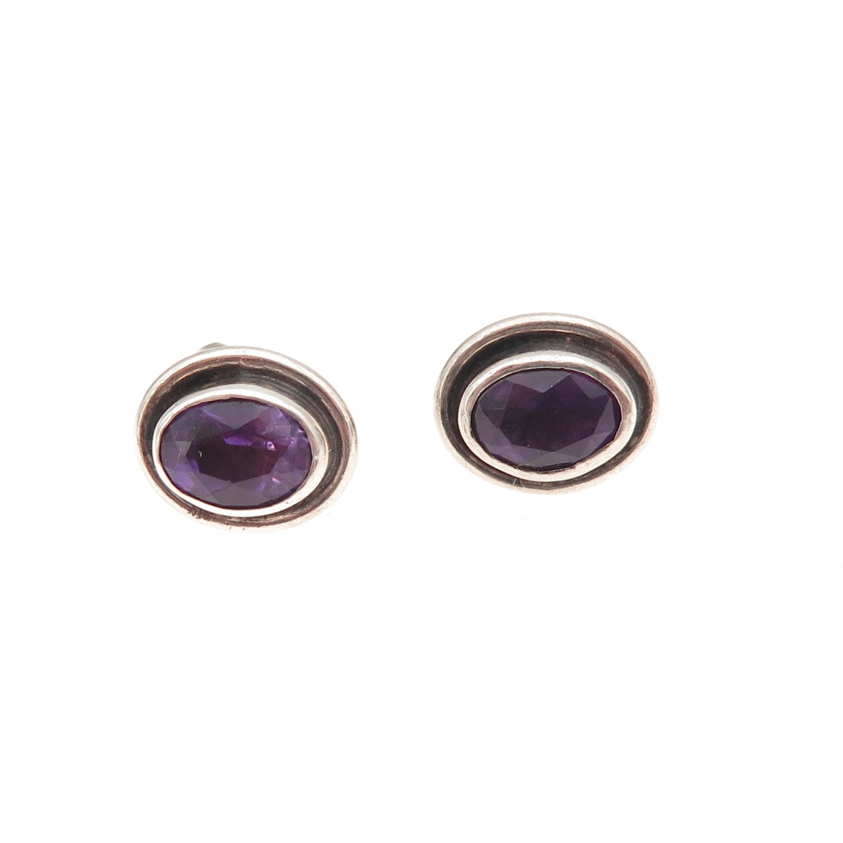 925 Sterling Silver Vintage Real Oval-Cut Amethyst Oxidized Stud Earrings