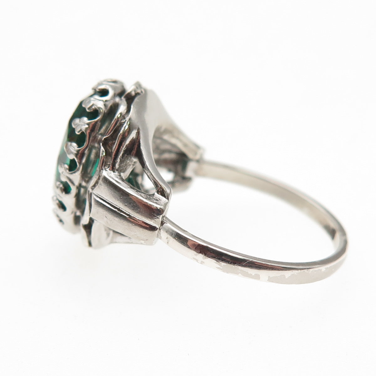Diadema Sterling Silver Antique Art Deco Oval-Cut Green Glass Crown Ring Size 6