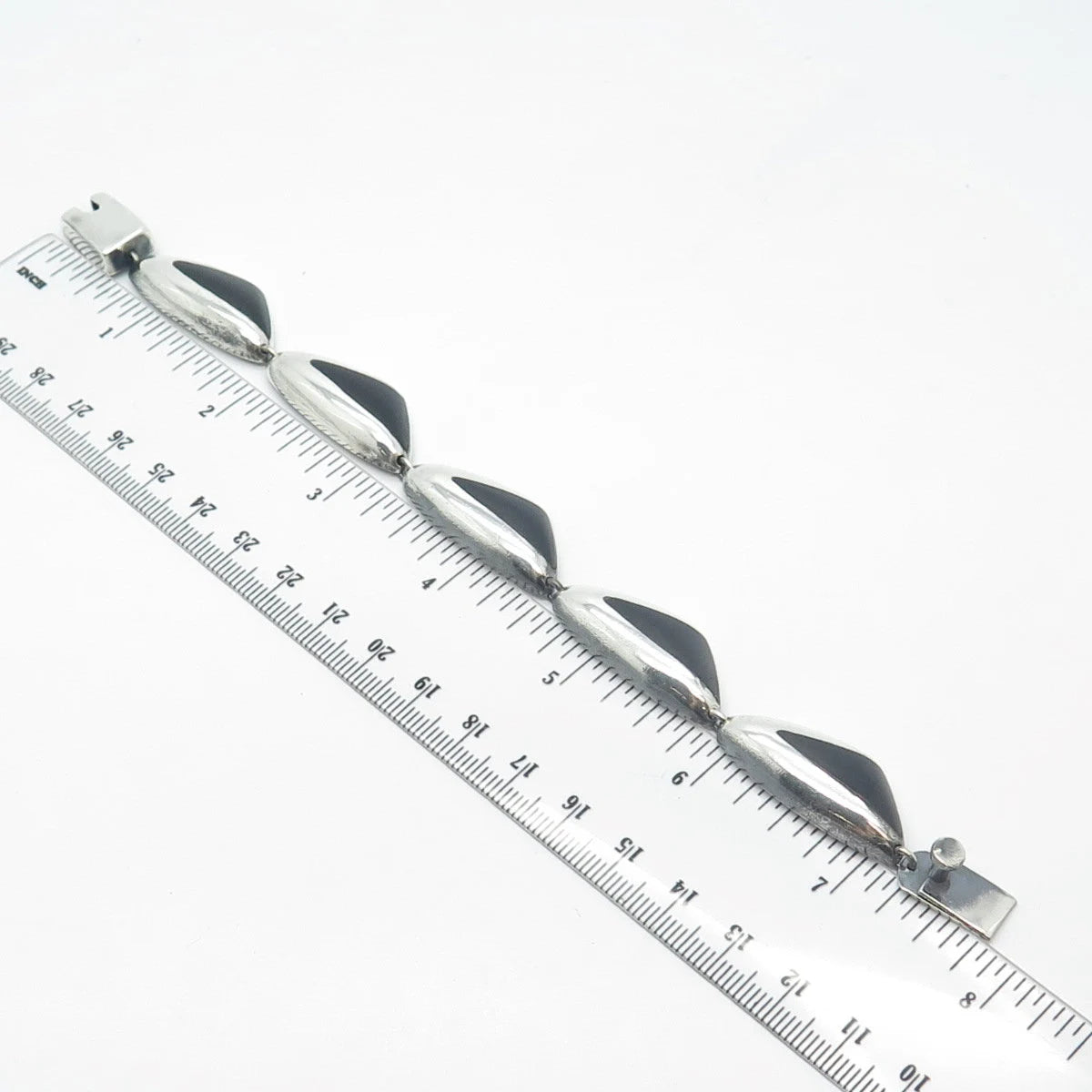 970 Silver Vintage MexicoJ. Gomes Black Onyx Gem Link Bracelet 6.75"