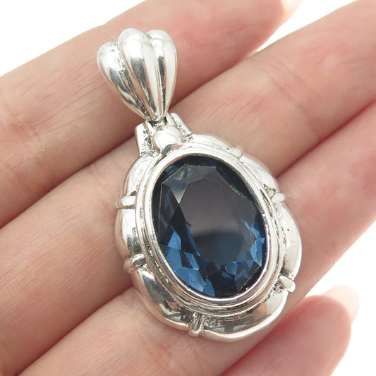 925 Sterling Silver Vintage Blue Oval-Cut Shaped C Z Pendant