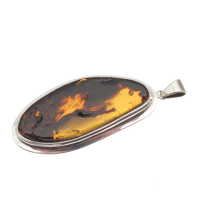 925 Sterling Silver Vintage Real Amber Modernist Pendant