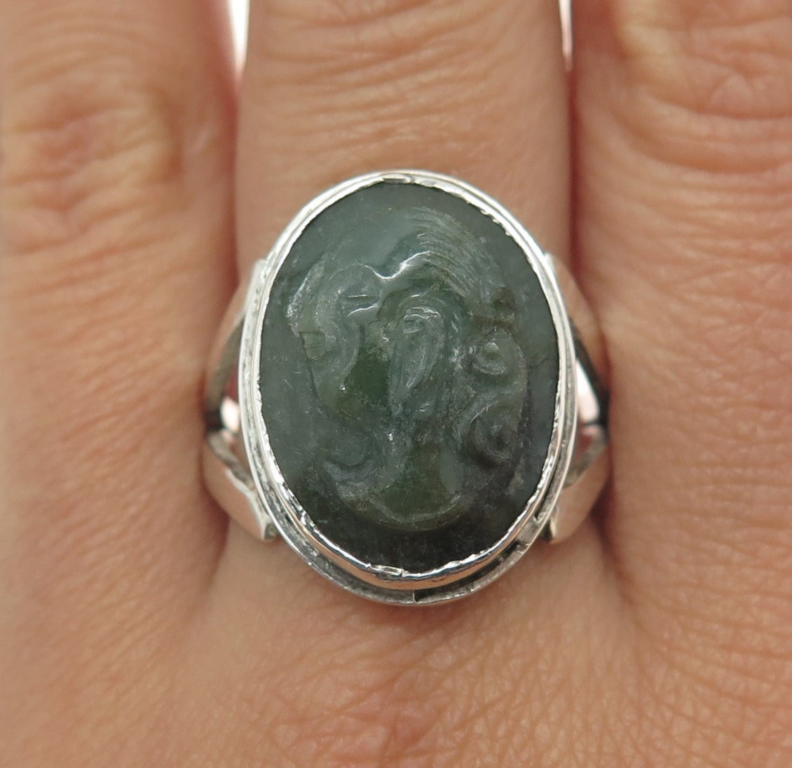 925 Sterling Silver Antique China Export Carved Jade Lady Cameo Ring Size 11.5