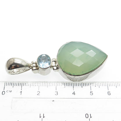 925 Sterling Silver Vintage Real Pear-Cut Chalcedony & Blue Topaz Pendant