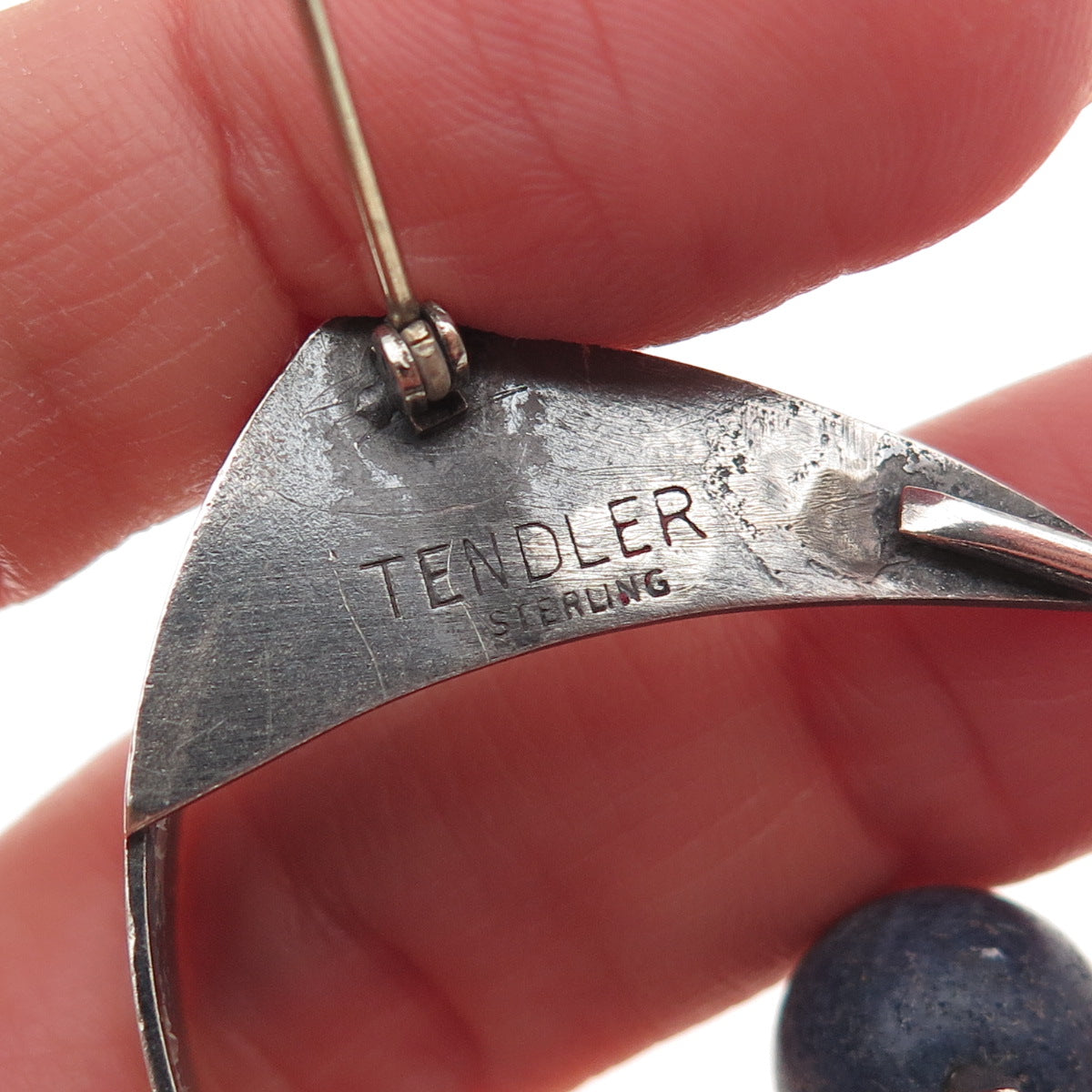 Bill Tendler Sterling Silver Vintage Real Lapis Modernist Oxidized Pin Brooch