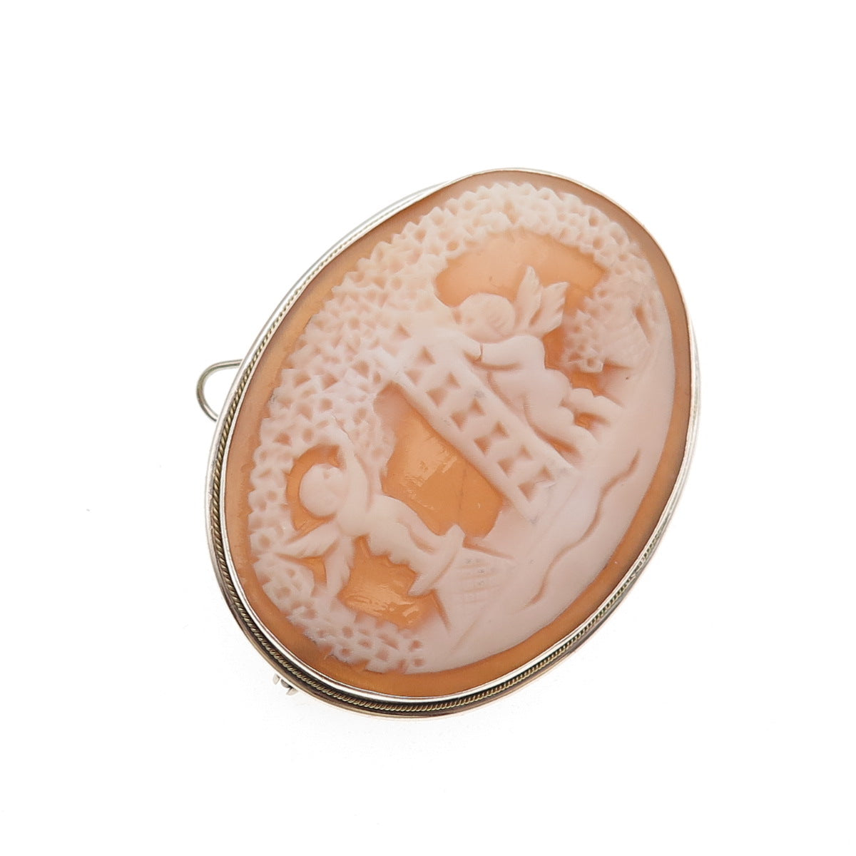 800 Silver Antique Art Deco Real MOP Carved Cherub Cameo Pin Brooch / Pendant