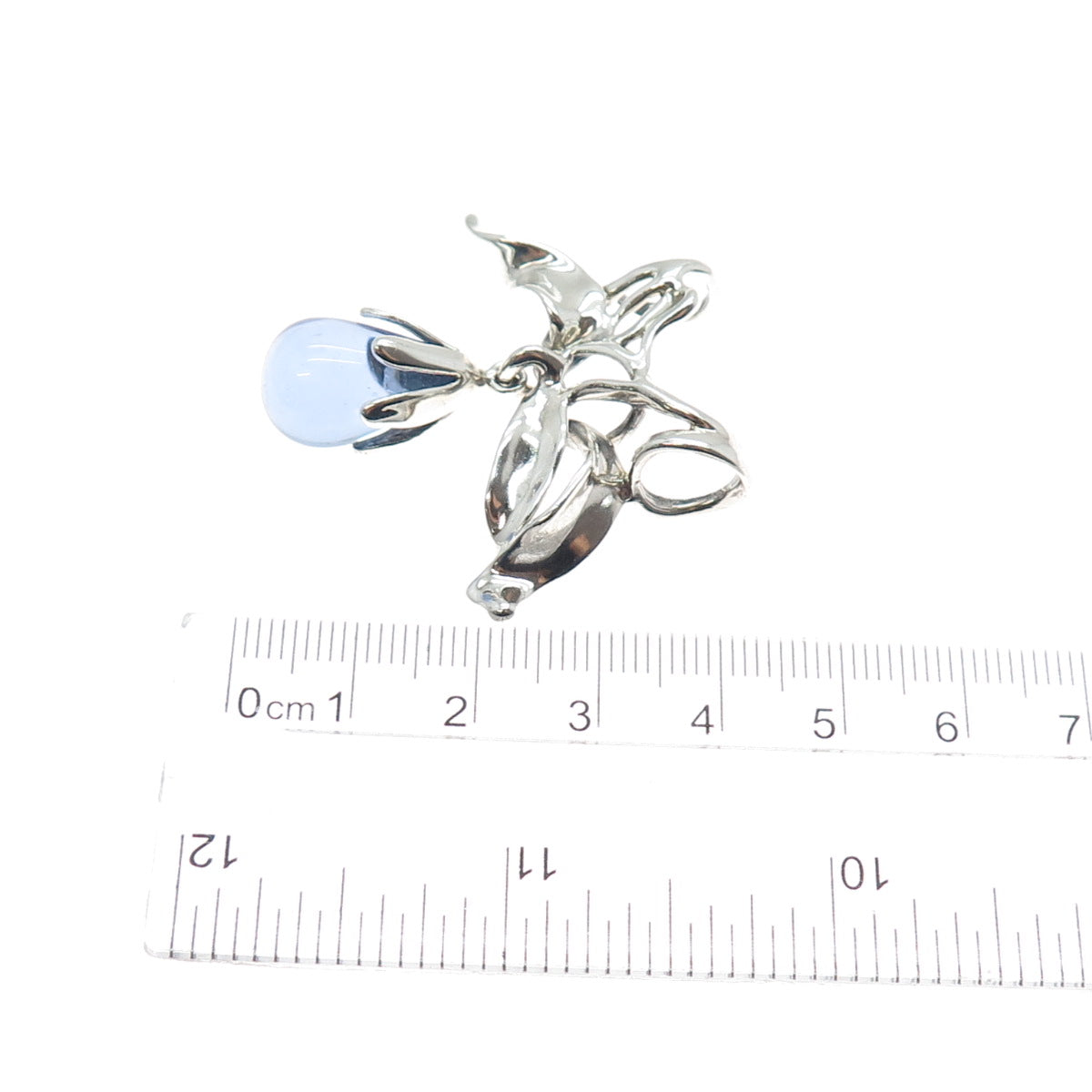 925 Sterling Silver Vintage Blue Glass Modernist Ribbon Bow Slide Pendant