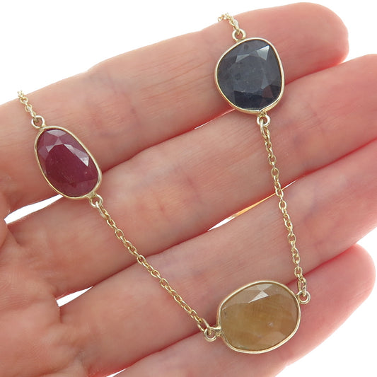 925 Sterling Silver Gold Plated Vintage Real Multi-Sapphire & Ruby Necklace 22"