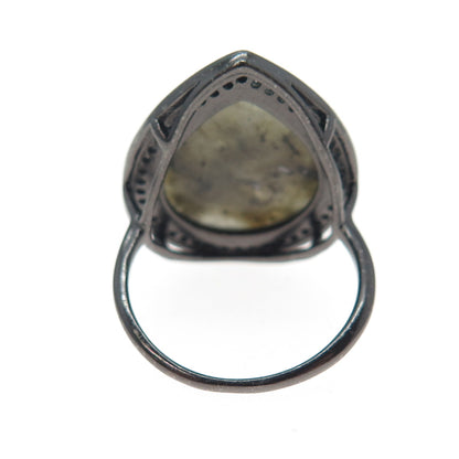 925 Sterling Silver Black Rhodium Real Labradorite & C Z Teardrop Ring Size 9.25