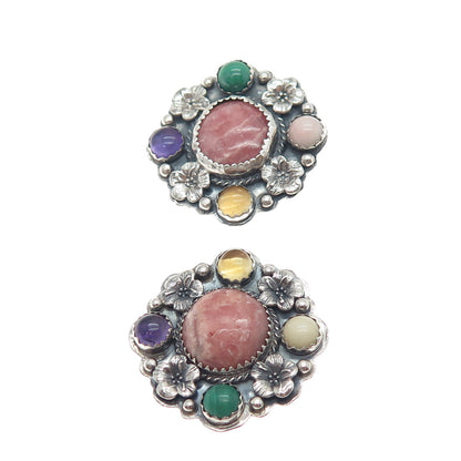 SILVER CLOUD Old Pawn 925 Sterling Vintage Multi-Gem Flower Clip On Earrings