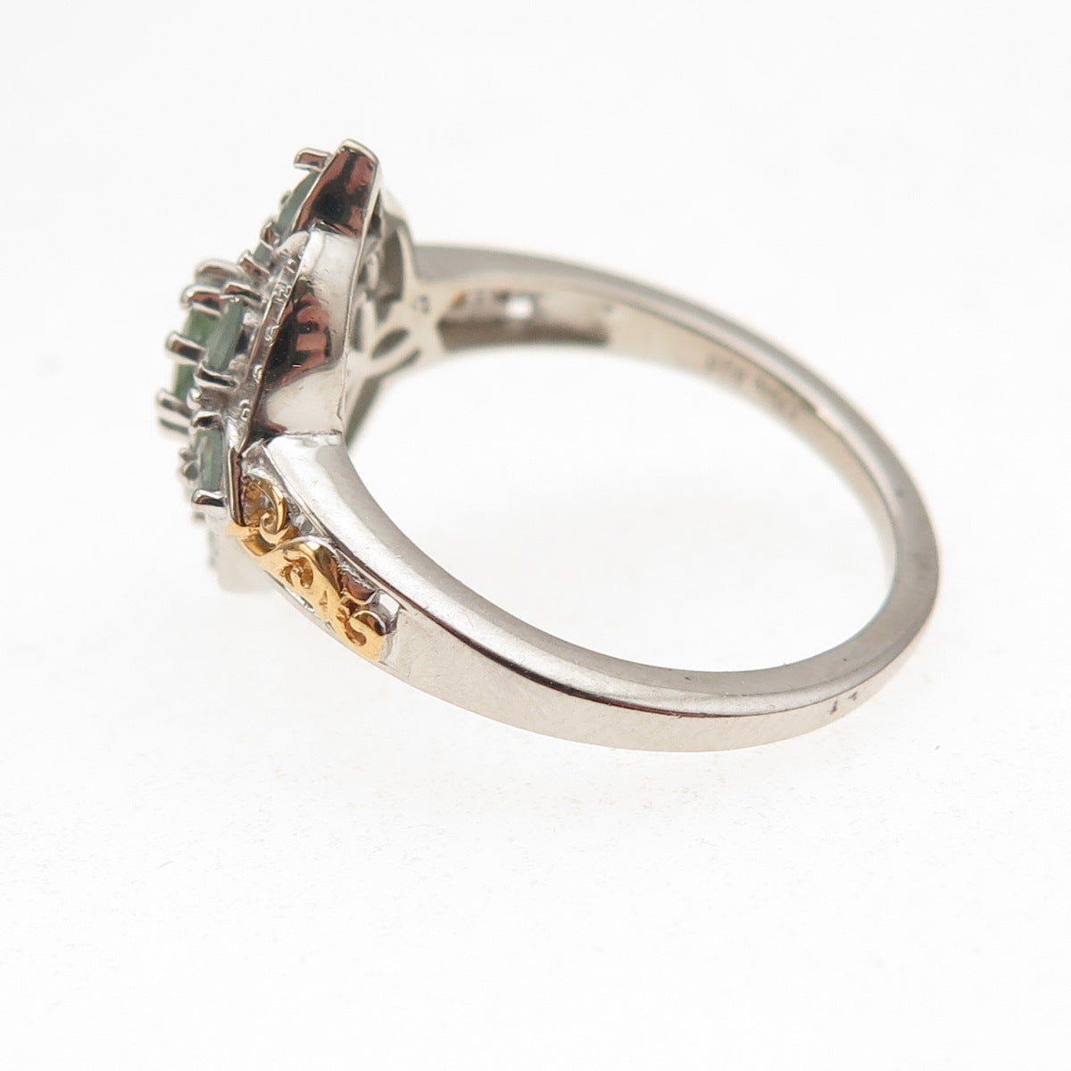 D'Joy 925 Sterling Silver 2-Tone Real Green Topaz & White Topaz Ring Size 8
