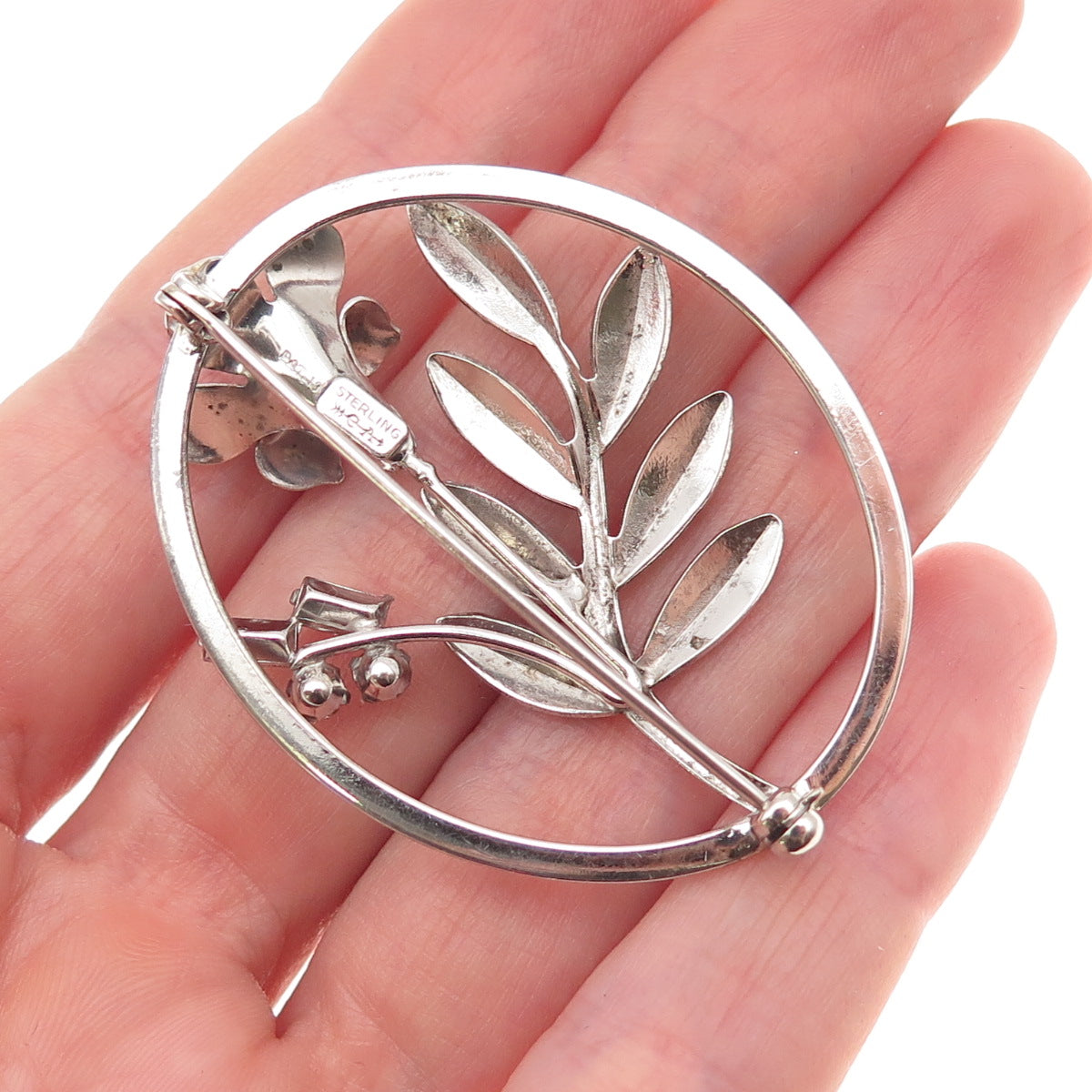 Carl Art 925 Sterling Silver Vintage Blue & White Rhinestone Floral Pin Brooch