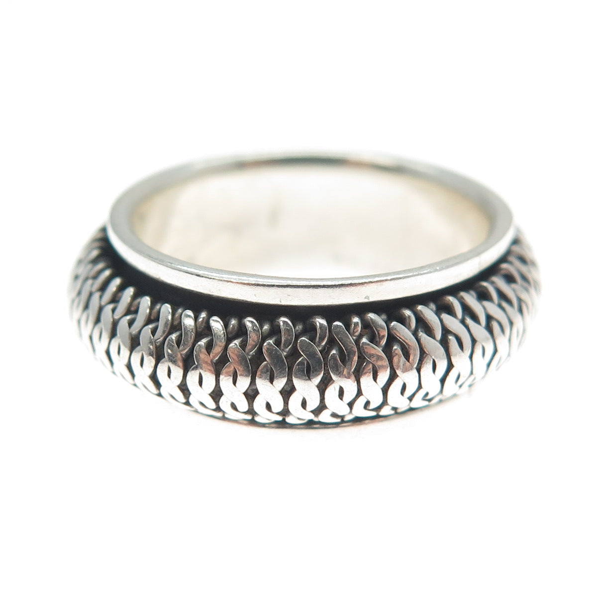 925 Sterling Silver Vintage Woven Oxidized Rotating Band Ring Size 7.5