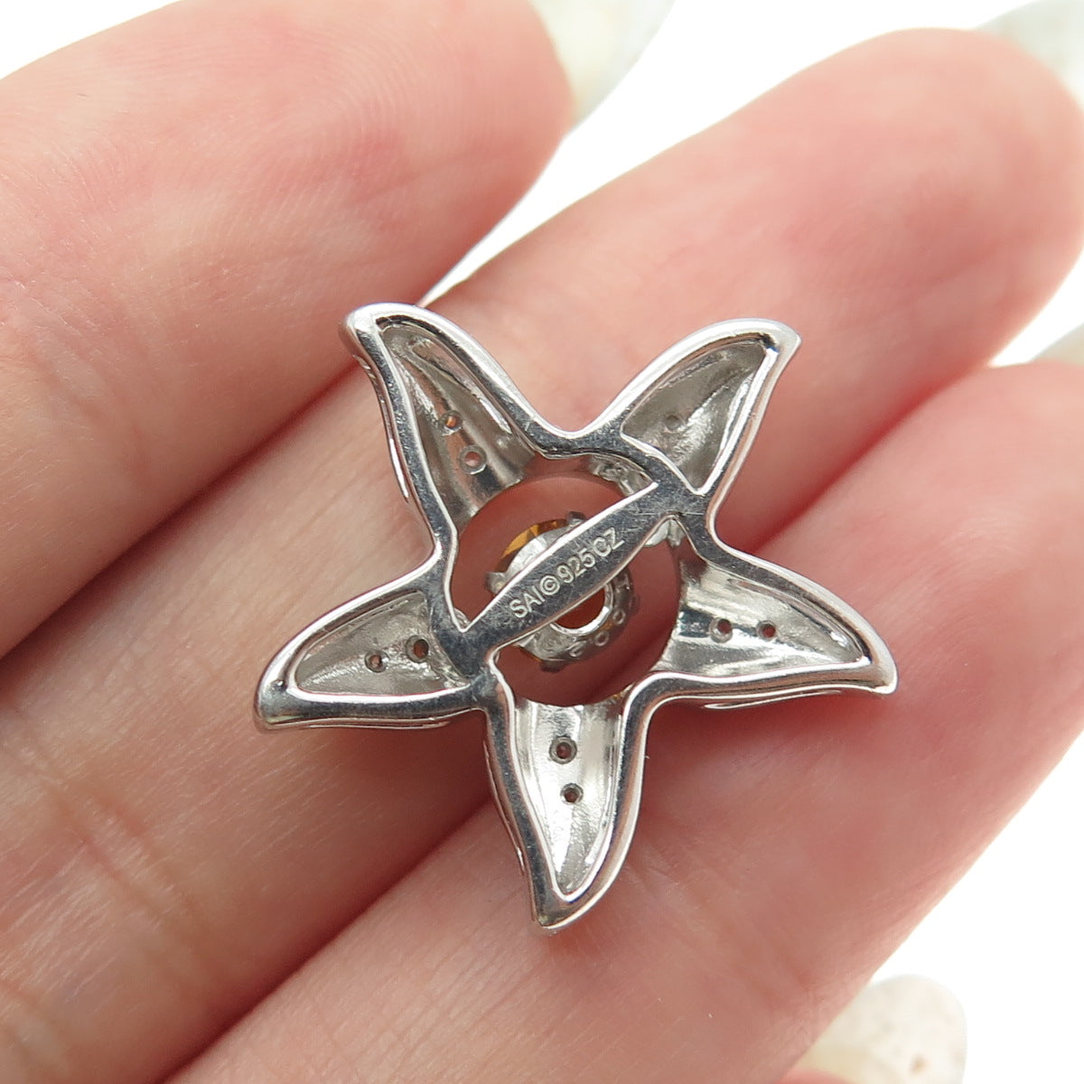 SAI 925 Sterling Silver Real Round-Cut Citrine & C Z Starfish Slide Pendant