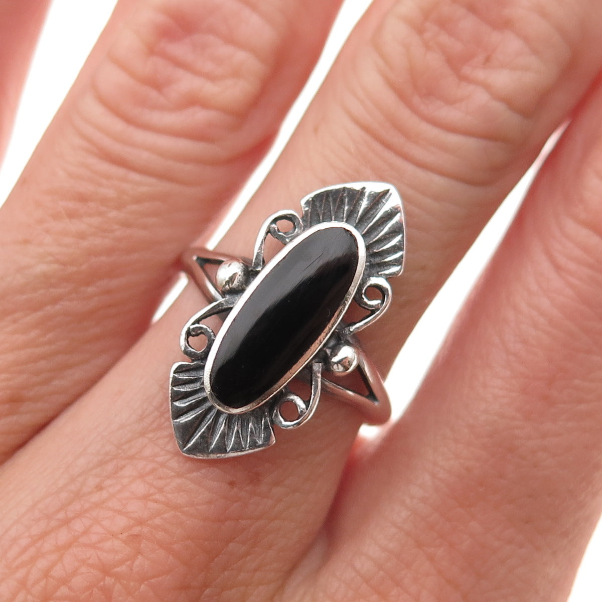 925 Sterling Silver Vintage Real Black Onyx Oxidized Ring Size 7.5