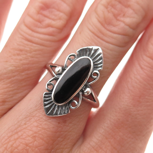 925 Sterling Silver Vintage Real Black Onyx Oxidized Ring Size 7.5