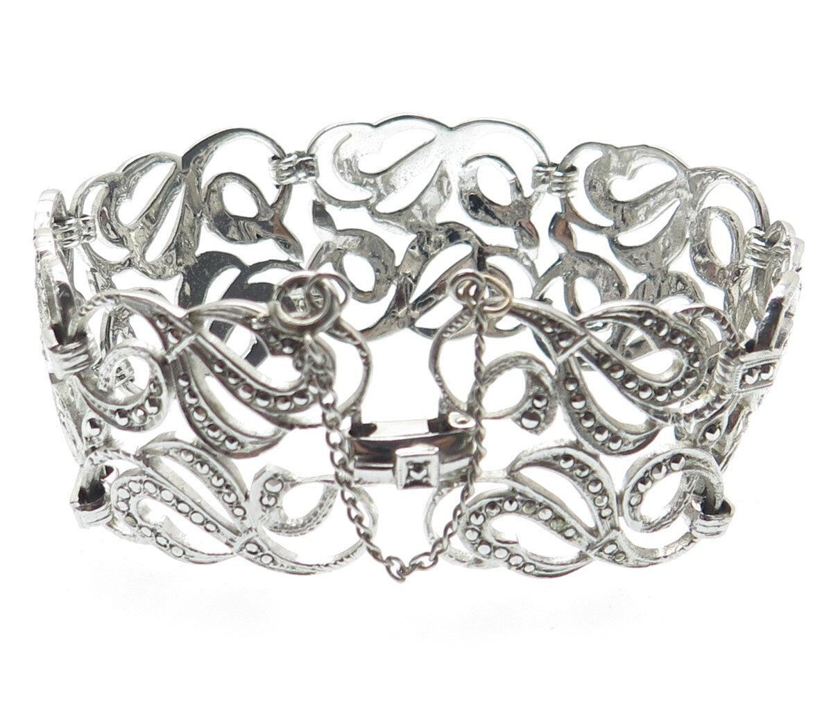 925 Sterling Silver Antique Art Deco Real Marcasite Ornate Bracelet 7.5"