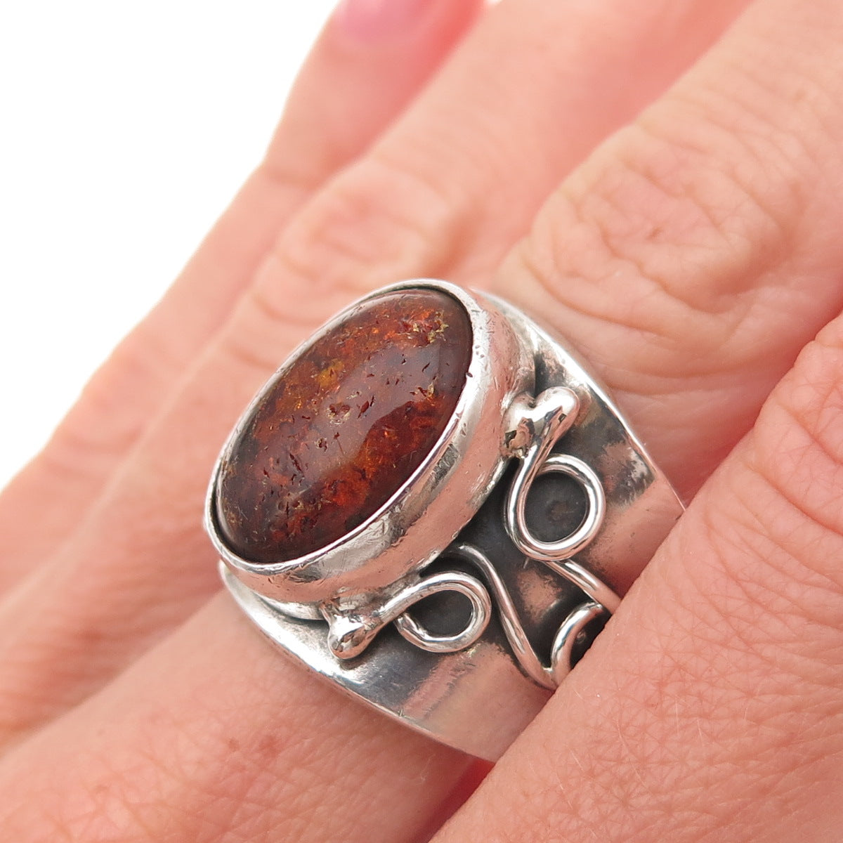 925 Sterling Silver Vintage Poland Real Amber Modernist Oxidized Ring Size 8