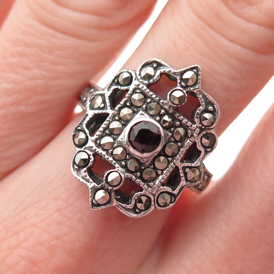 925 Sterling Silver Vintage Real Red Garnet & Marcasite Oxidized Ring Size 7