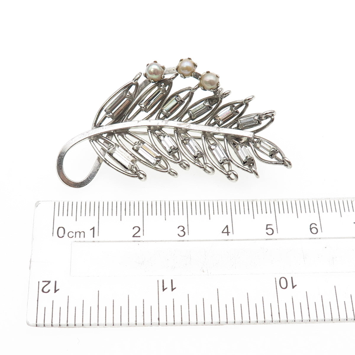 925 Sterling Antique Art Deco Rhinestone Real Pearl Floral Pin Brooch / Pendant