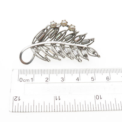 925 Sterling Antique Art Deco Rhinestone Real Pearl Floral Pin Brooch / Pendant