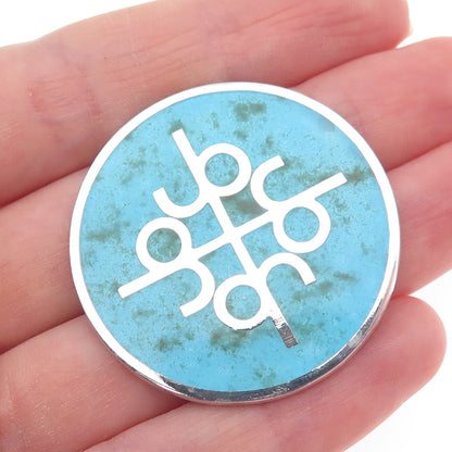 925 Sterling Silver Vintage Turquoise Enamel Cross Round Pin Brooch