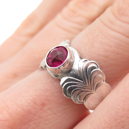916 Silver Vintage European Lab-Created Ruby Modernist Heart Ring Size 8.25