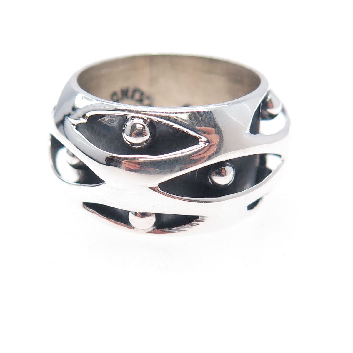 925 Sterling Silver Vintage Mexico Modernist Beaded Oxidized Band Ring Size 8.25
