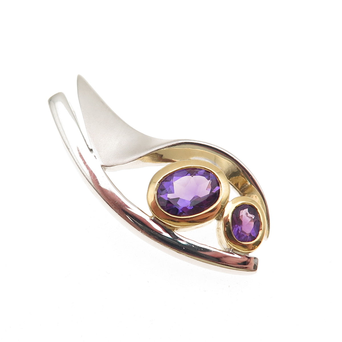 925 Sterling Silver 2-Tone Real Amethyst Modernist Slide Pendant