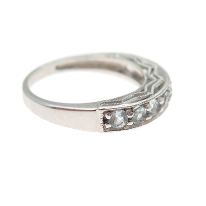 925 Sterling Silver Vintage Real Blue Topaz Half Eternity Band Ring Size 6.25
