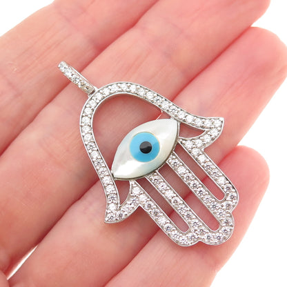 925 Sterling Silver Real MOP Turquoise Black Onyx & C Z Hamsa Amulet Pendant
