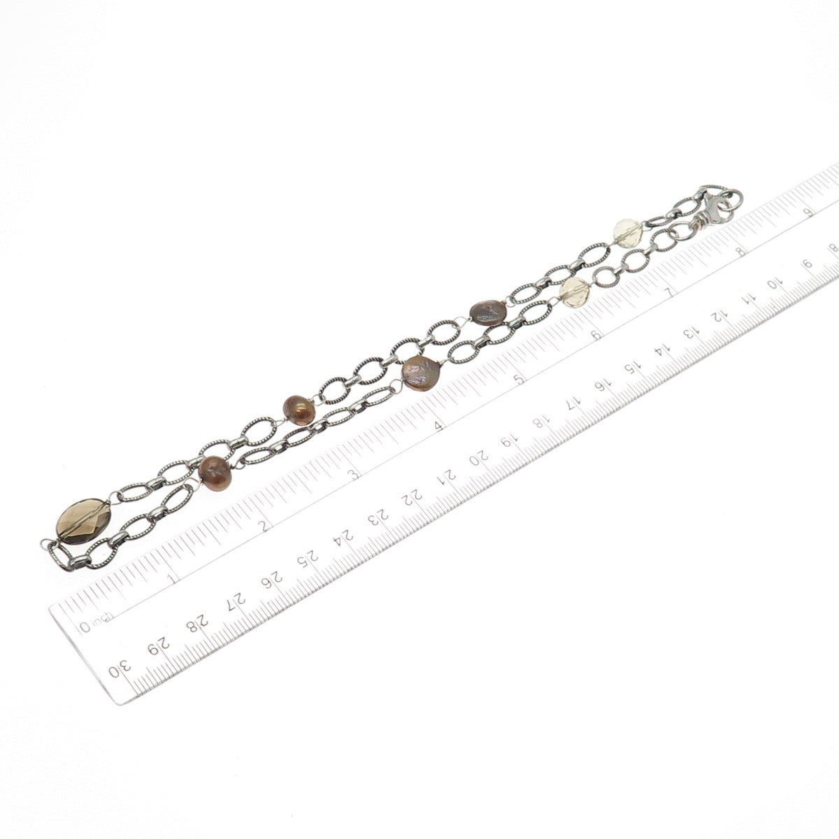 925 Sterling Silver Vintage Real Baroque Pearl & Smoky Quartz Necklace 16"