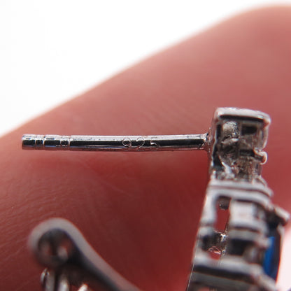 925 Sterling Silver Blue & White C Z Dangle Omega Back Earrings