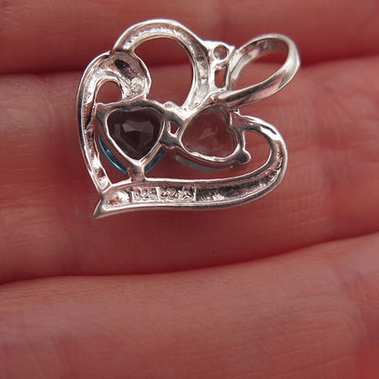 925 Sterling Silver Real Swiss Blue Topaz & C Z Heart Mini Charm Pendant