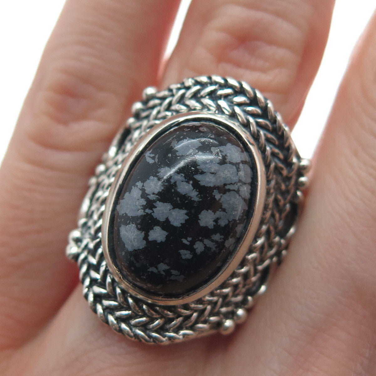 925 Sterling Silver Vintage Snowflake Obsidian Braided Oxidized Ring Size 9.5