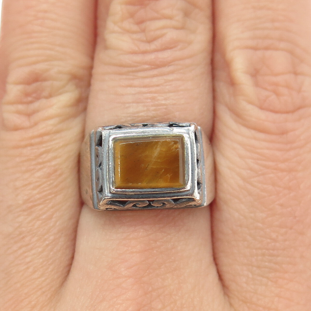 925 Sterling Silver Vintage Real Tiger Eye Gemstone Swirl Ring Size 6.75