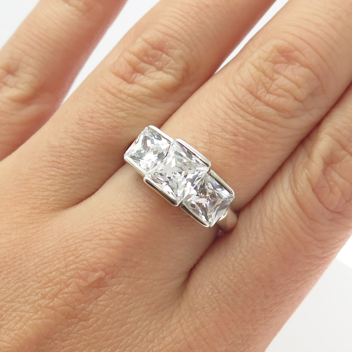 925 Sterling Silver Princess-Cut Shaped C Z Ring Size 8