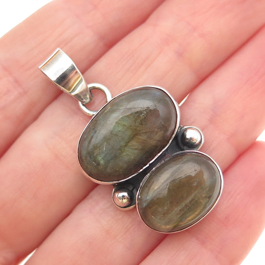 925 Sterling Silver Vintage Real Labradorite Modernist Charm Pendant