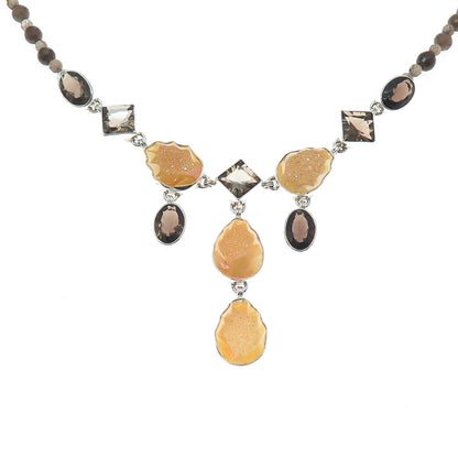 AF DESIGN Sterling Silver Vintage Real Smoky Quartz & Druzy Beaded Necklace 20"